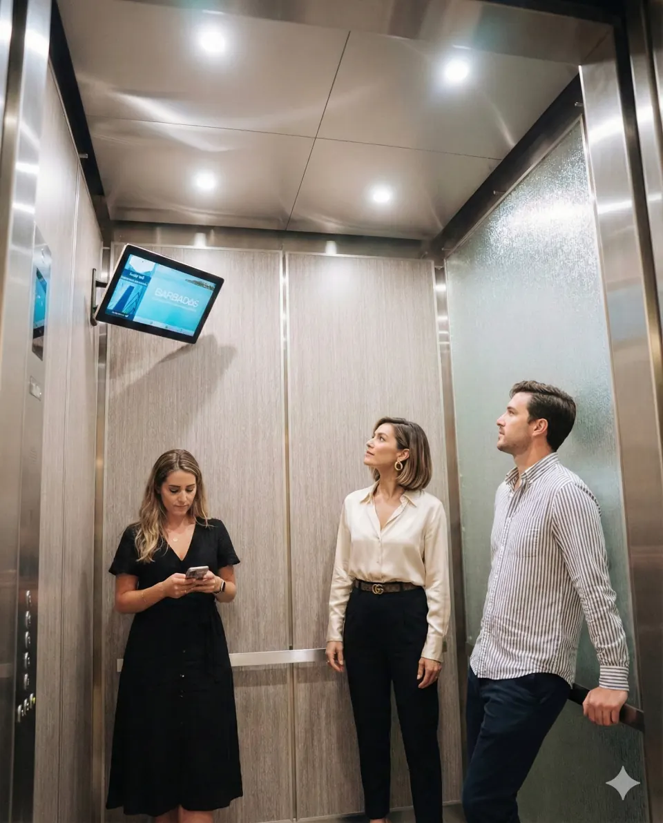 Three people in an elevator, two looking toward a digital screen while one looks at a phone
